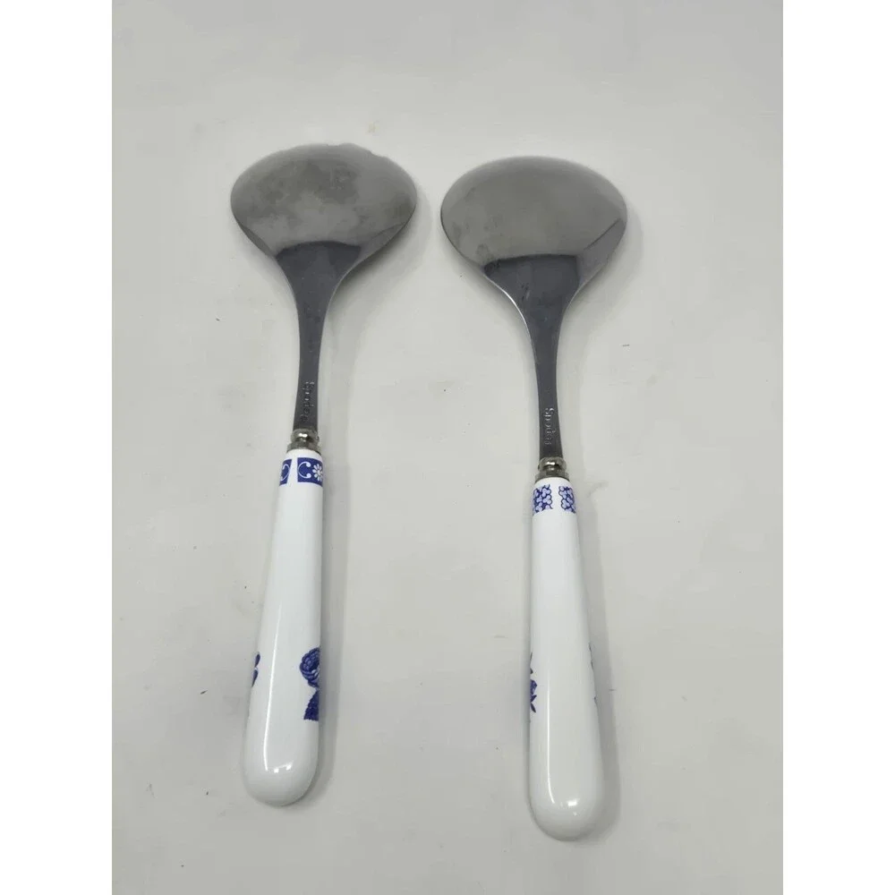 VINTAGE SPODE ITALIAN SALAD SERVERS WHITE BLUE FLORAL STAINLESS & PORCELAIN SET